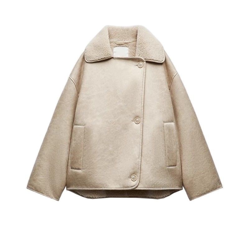 

Осень и Зима Лацканы Мех Интегрированный Двусторонний Жакет Верхняя одежда Beige L