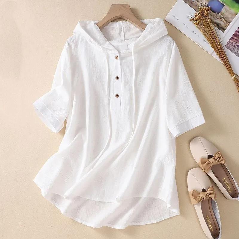 Top rosa con mezza abbottonatura con cappuccio e maniche a gomito in misto lino da donna