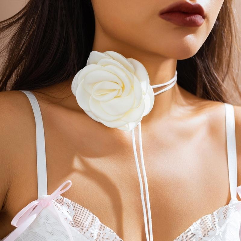Fabric Flower Tie Choker Necklace Long Rope Lock Collarbone Chain Fashion Neck Decoration Fabric Floral Tie-Up Choker