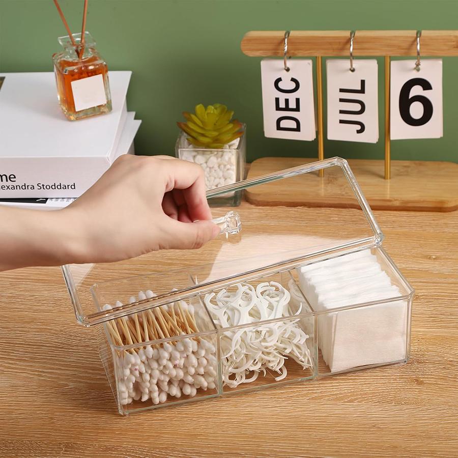 Clear Bathroom Dresser Organizer Cotton Ball Swab Holder with 3 Divided Compartments, Storage Containers, Vanity Makeup Organiza