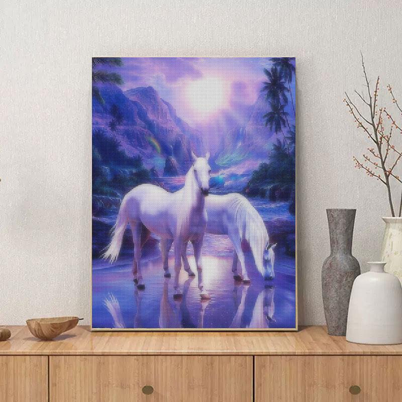 Diamantová malba Mozaika Bílý kůň Celý kulatý Zvířecí křížový steh Vyšívání Ruční výrobky Nástěnná dekorace 30x40cm/12x16inch