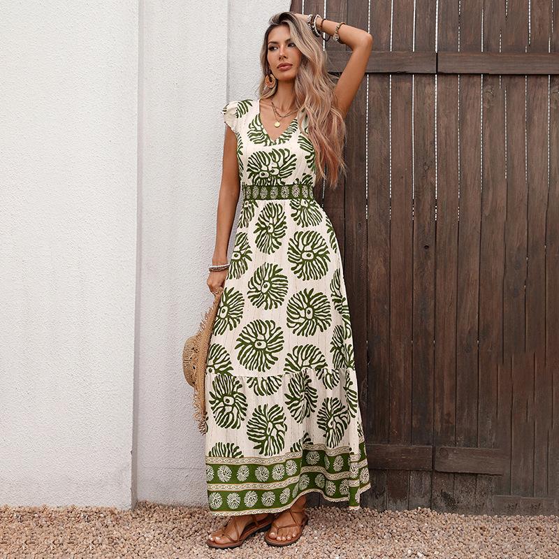 

Women s Bohemian Beach Print Maxi Dress Summer Ruffle Sleeve Fashion High Waist Casual V Neck Swing Elegant Ladies Long Dresses S зелёный