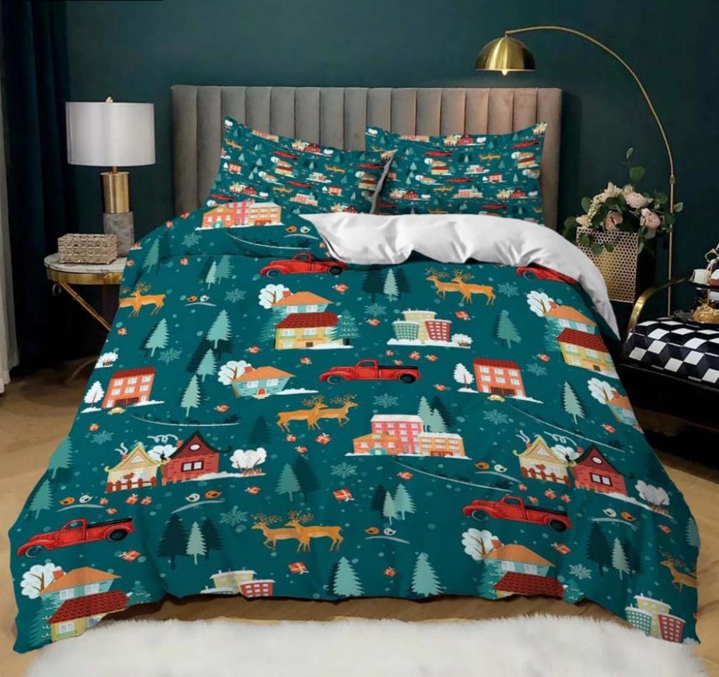 Christmas Duvet Cover Set Queen King Size Winter Snowflake Elk Car Pattern Soft Quilt Set Christmas Themed Quilt Set 3 Pcs