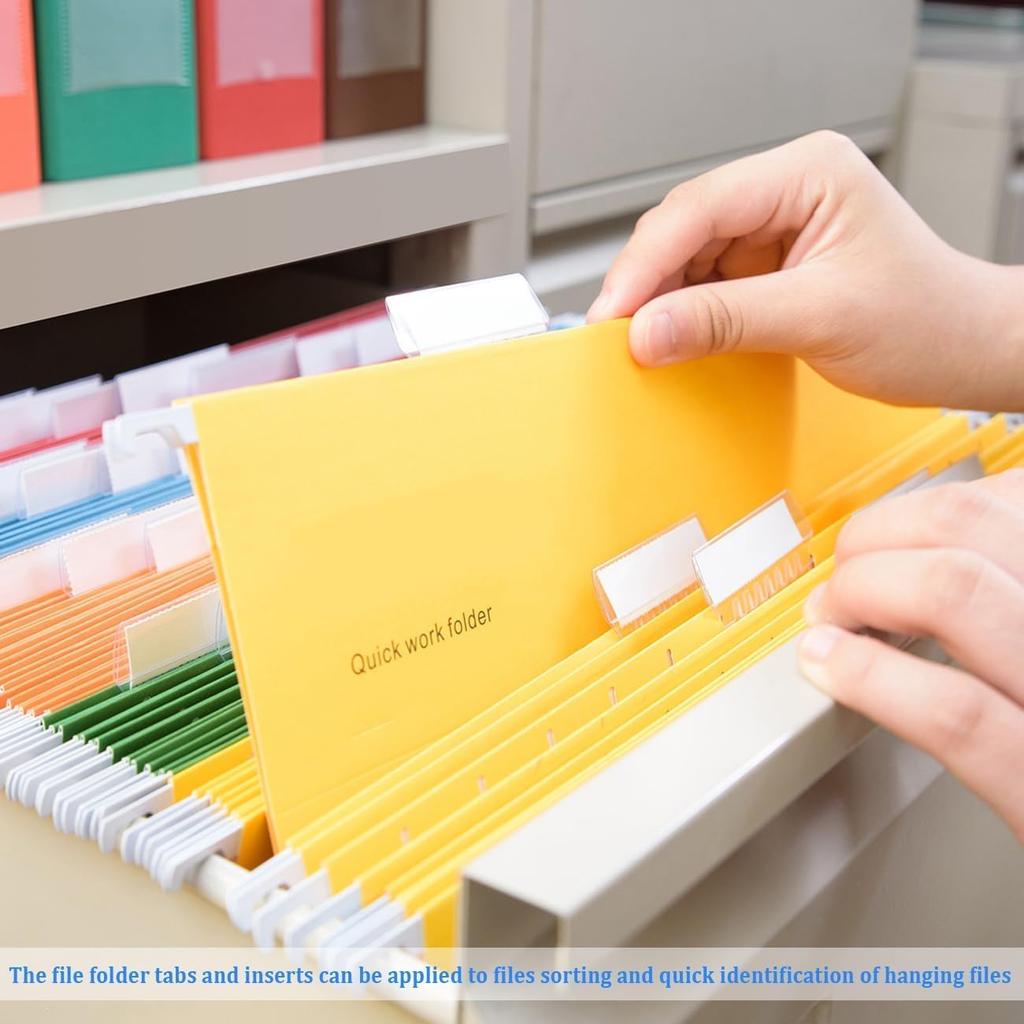 File Folder Tabs, Ertable Plastic Tabs Hanging Folder Tabs,100 Pcs Hanging File Folder Tabs with 200Pcs Erts for Hanging Folders (Clear)