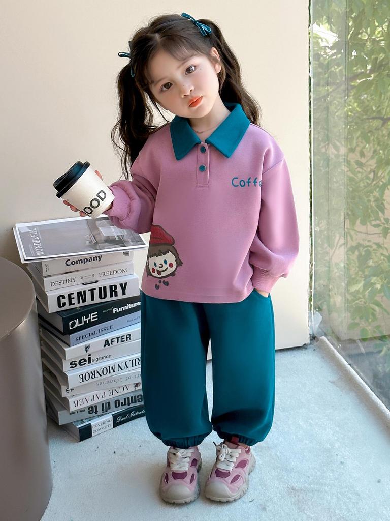 2025 Girls' Korean Style Autumn Two-Piece: Color Block Sweatshirt & Green Pants Set