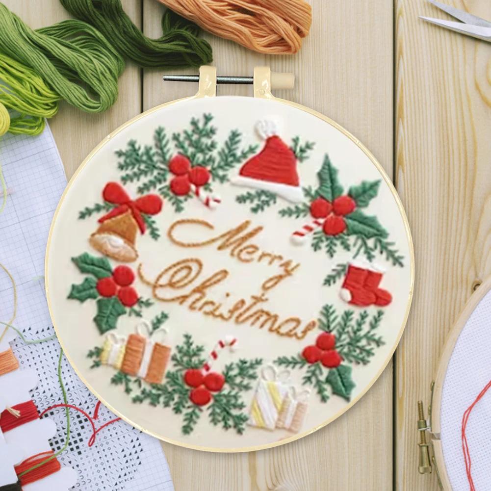 Merry Christmas Handmade Embroidery Kit for Beginners with Cotton Threads Needles Hoop and Pattern for Custom Art