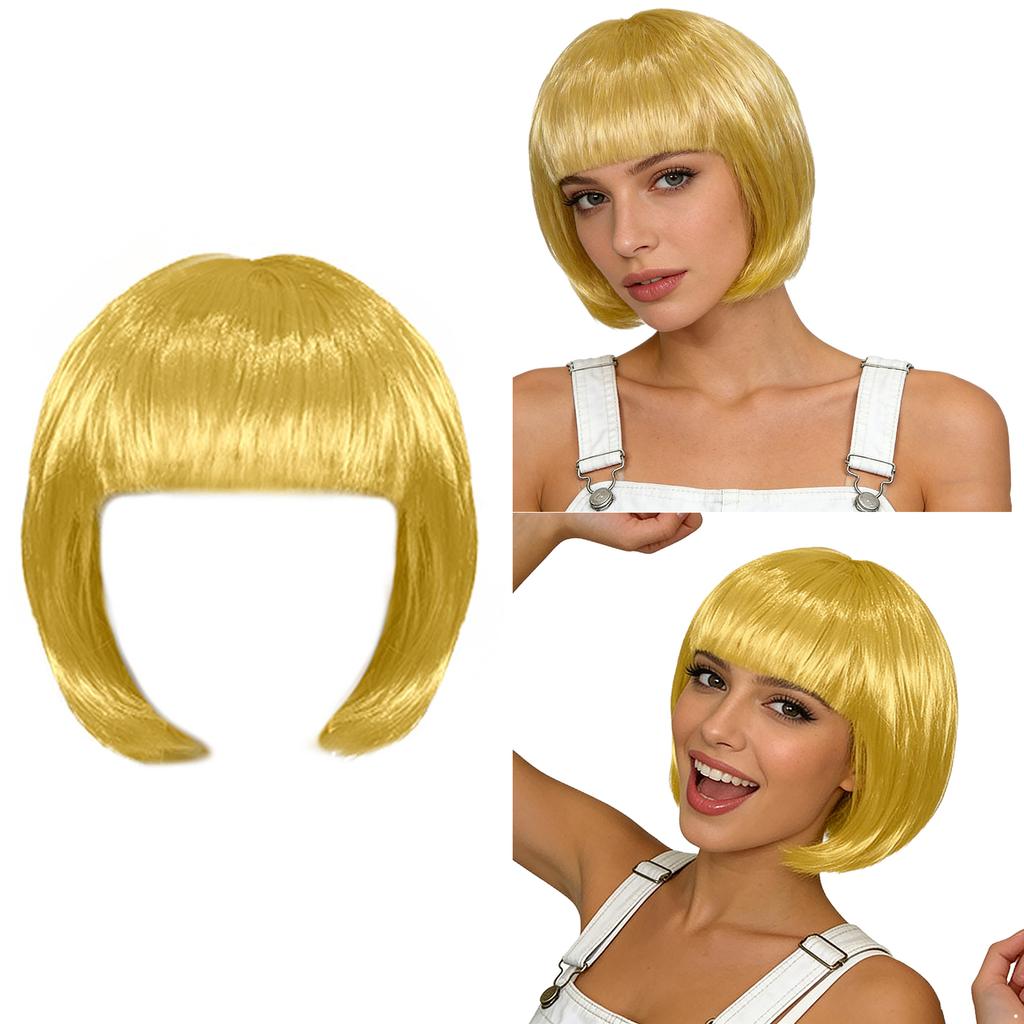 Short Straight Bob Hairpiece for Women Blunt Cut Bangs Cosplay Wig Halloween Themed Party Daily Use