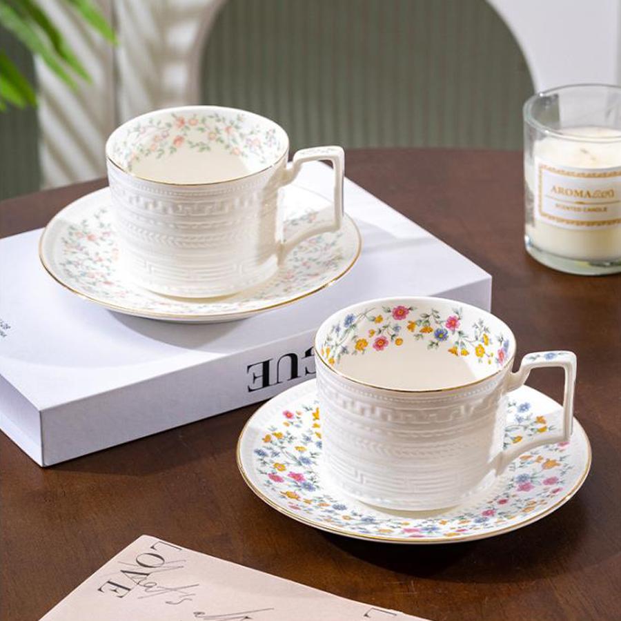 Vintage Floral Ceramic Coffee Cup & Saucer Set with Spoon, Gift Box, 280ml for Afternoon Tea