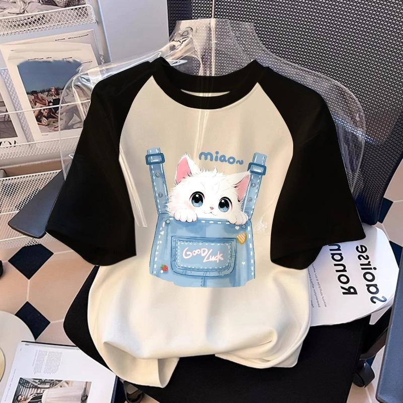 Cartoon Kinder Erwachsene Tier Katze Bedrucktes T-Shirt Sommer Damenmode Mädchen Kurzarm T-Shirt Oberteil Pullover Kleidung