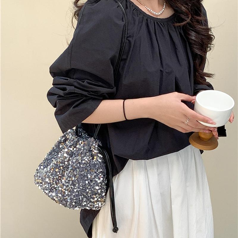 Handheld Bucket Bag, Women's Drawstring Pleated Shoulder Crossbody Bag, Women's Fashionable Colorful Sequin Bag