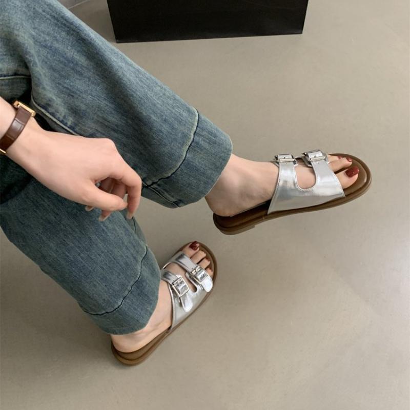 Luxury Women's Flat Slippers Adjustable Buckle Simple Sandals Fashion Trendy Beach Slippers for Women Home Mute Non-slip Sandals