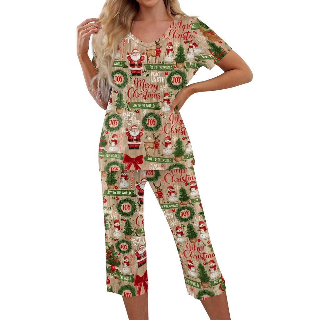 Women's Casual Two Piece Outfit Set Christmas Print Short Sleeve Pants