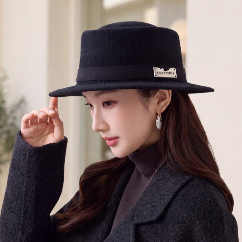 Autumn and winter new wool jazz hat women's retro elegant black flat top wide brim top hat versatile warm hat