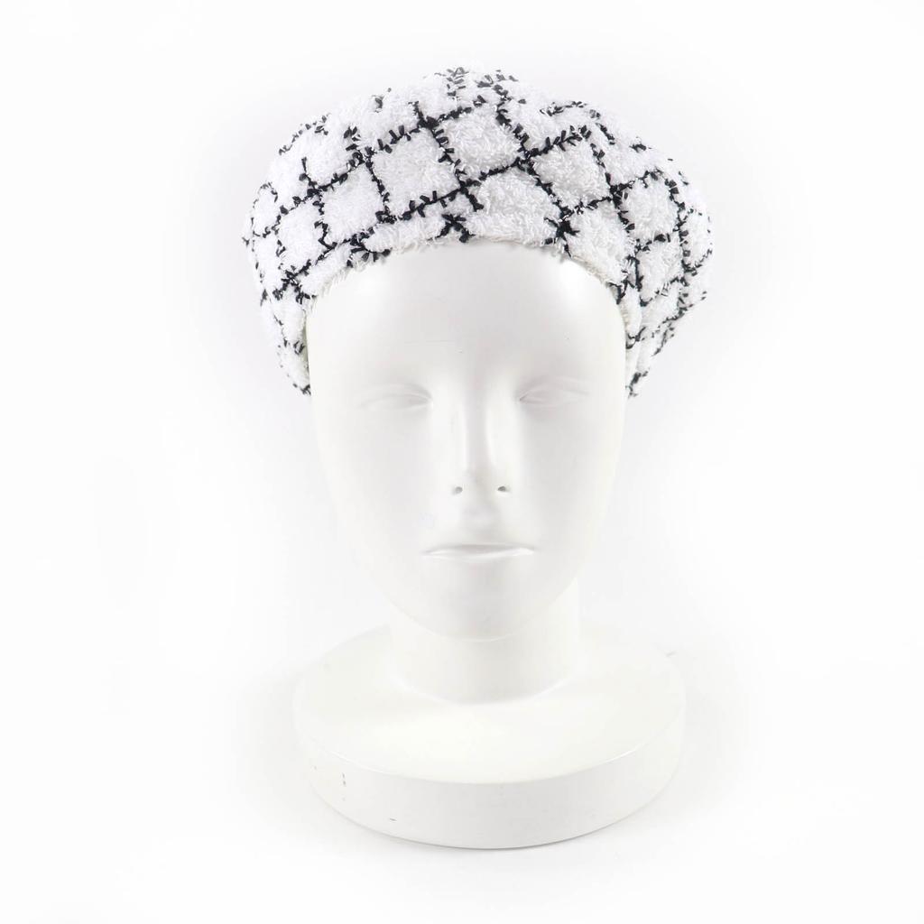 Excellent CHANEL beret COCO Mark Tweed white cotton Women M 19C Used