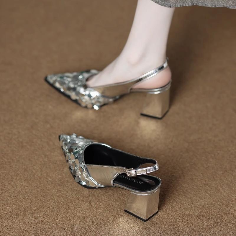 Fashion Women High Heel Shoes Pointed Toe Sandals Dress Slippers 2025 Summer Luxury Brand Party Chunky Shoes Mujer Slides Zapatos
