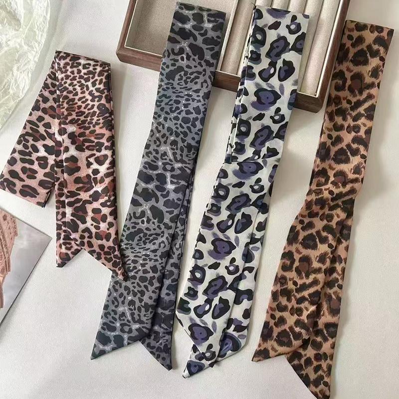 Luxury Leopard Print Tie Painting Silk Scarf Women Long Ribbon Skinny Bag Handle Ribbon Scarves Lady Spring Neckerchief Hairband