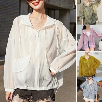 Sonnenschutzkleidung für Damen, mit Kapuze, Kordelzug, langärmelig, Sommermantel mit Taschendekoration, Sonnenschutzkleidung