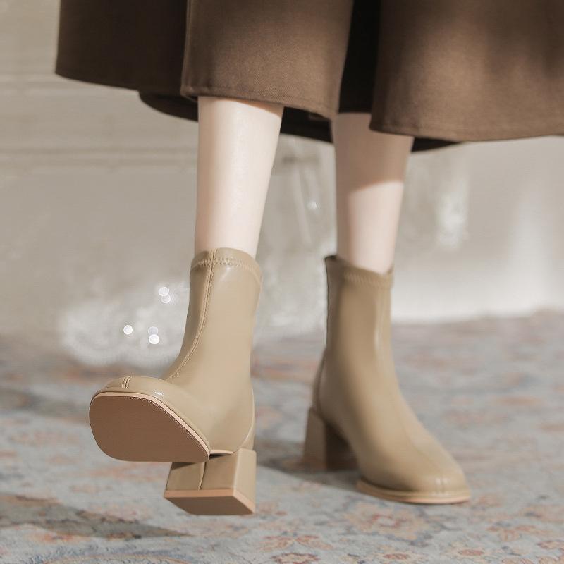 Französische elastische kurze Stiefel Damen dicke Absätze Herbst und Winter neu Maillard Temperament vielseitig Reißverschluss hinten dünne Martin-Stiefel