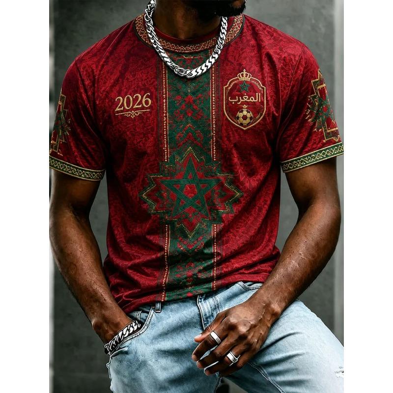 Bobby3 2026 Marokko Voetbal Fans T-shirt Heren Rood Letterprint Korte Mouw T-shirt Team Voetbal Supporter Casual Sportshirt Top 3XL