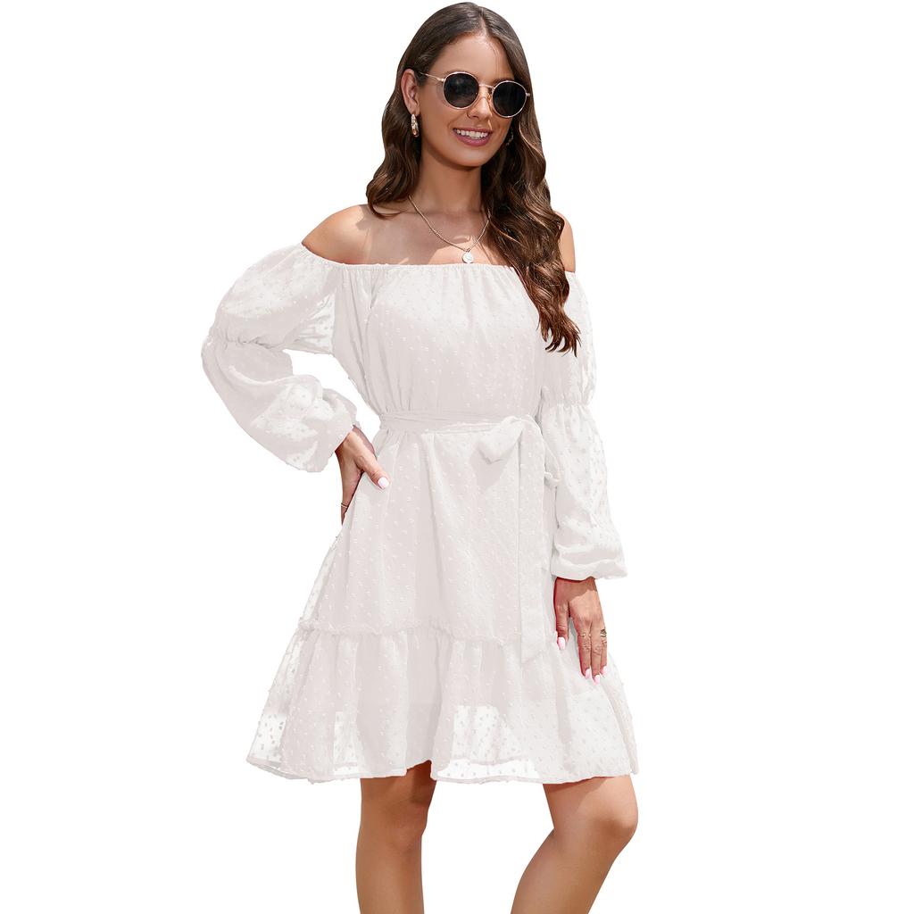 Spring and Autumn Women's Dress Elastic Neck Long Sleeve with Lining and Belt Strapless Dresses