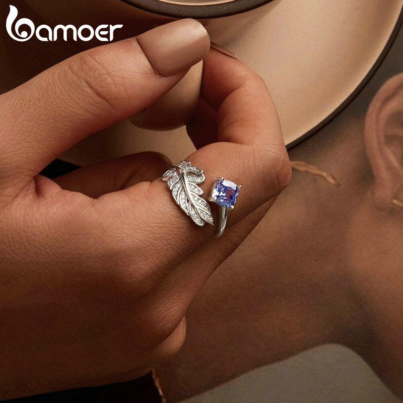 BAMOER 925 Sterling Silver Adjustable Feather Ring For Women with Blue Gemstone Dainty Feather Sizable Ring Jewelry