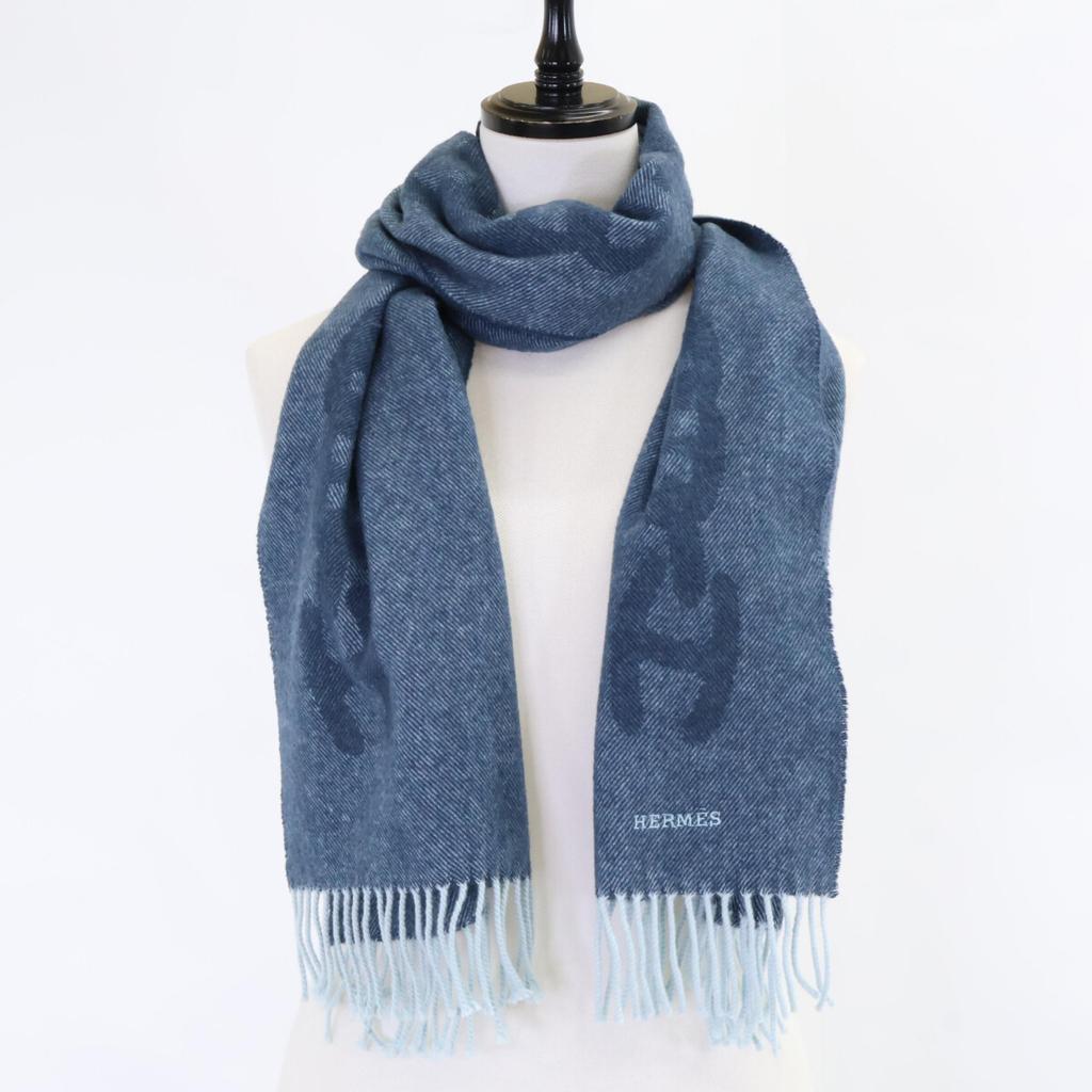 HERMES Logo Embroidery Crazy Chain Cashmere Fringe Scarf blueUsed