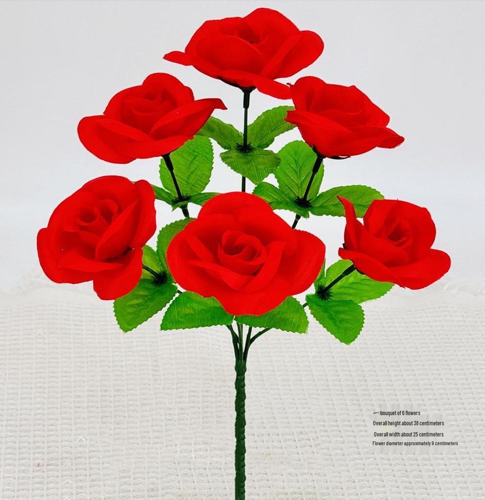 Curly Edge Red Rose Bouquet - 6 Head Artificial Silk Flowers for Living Room Decoration