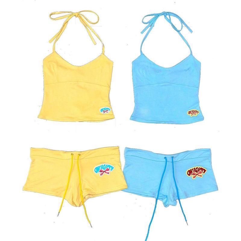 

In-Stock Summer Sexy Hot Girl Beach Camisole American-Style Stretchy Ultra-Short Pants Two-Piece Set Dopamine Color Scheme in Blue Suit S