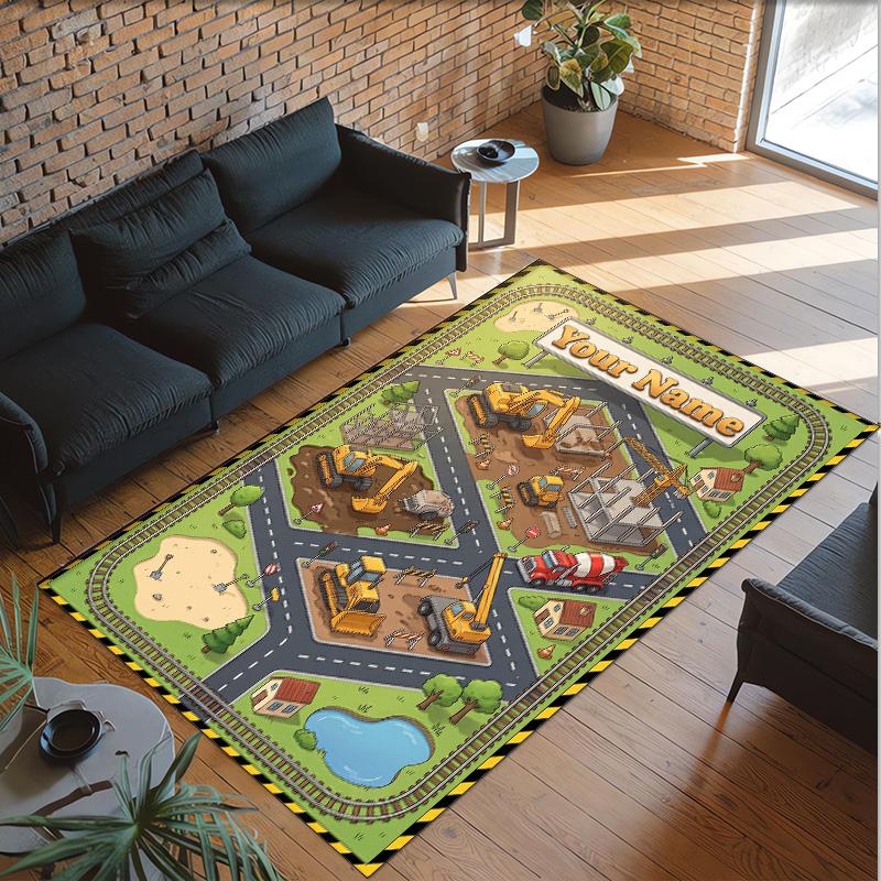 Construction Vehicles Theme Crystal Velvet Rug Personalized Custom Name Text Soft Floor Mat Home Decor