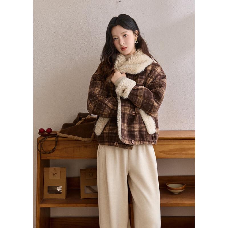 Mixiu Women's Retro Plaid Lamb Wool Padded Jacket
