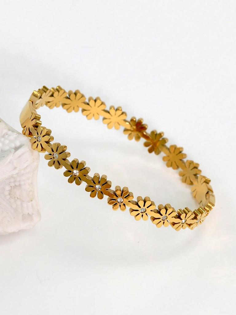 Fashionable Stainless Steel Daisy & Zirconia Bracelet, Suitable For Women's Party, Daily Wear, Classic Floral Design Wrist Jewelry Gift