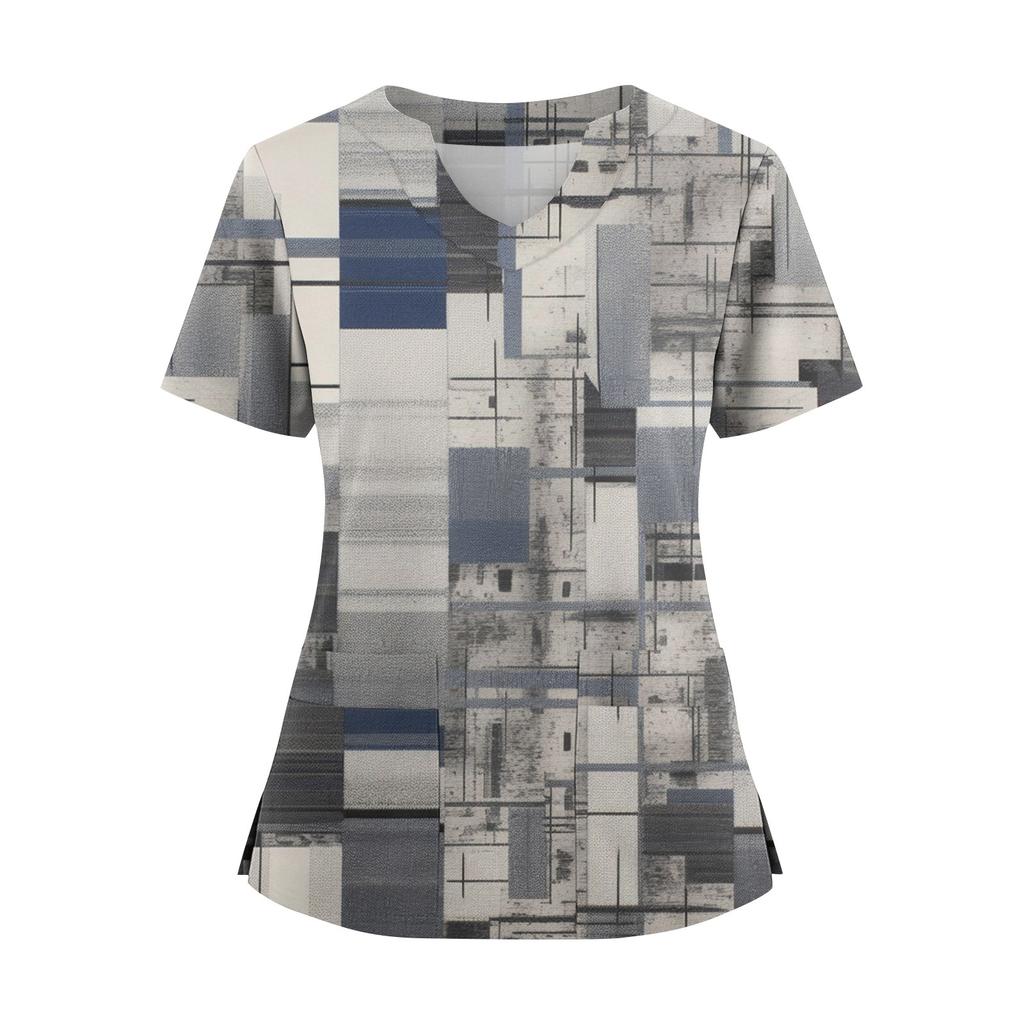 Women's Loose Short Sleeved Fashionable Square Printing V-neck Buttonable Side Slit Top T-shirt