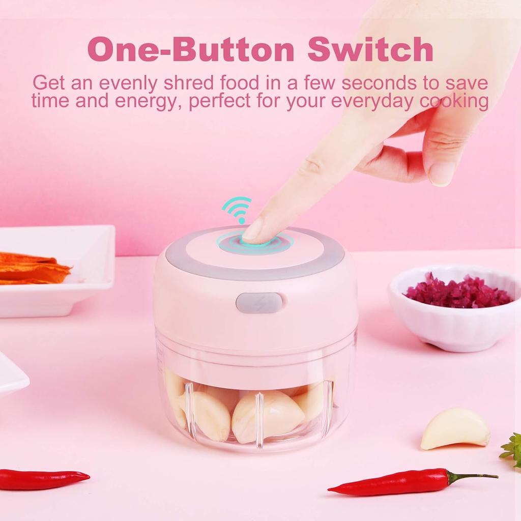 Electric Mini Garlic Chopper (Portable, Wireless, 100ml) with Spoon, Food Chopper Tool, Mini Chopper for Mashing Onion, Garlic, Chili, Peppers,