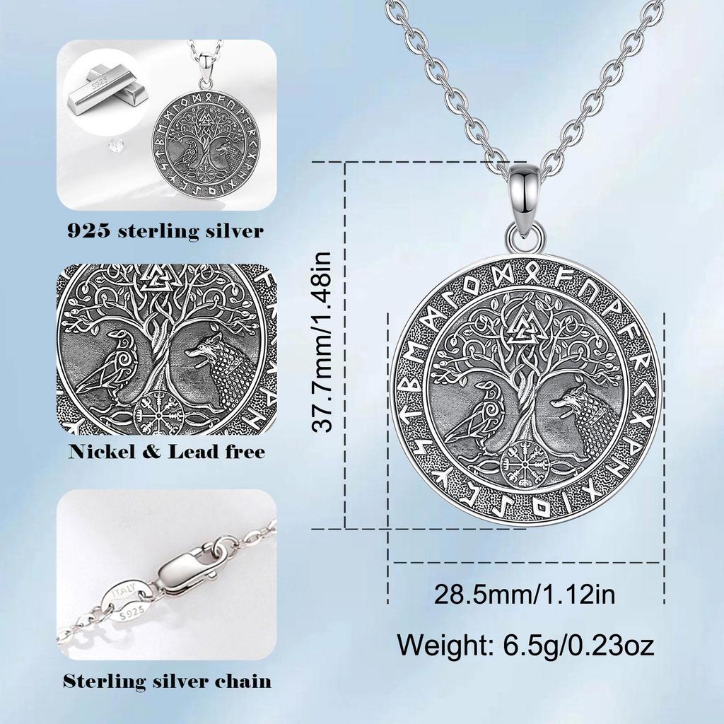 Eudora 925 Silver Viking Wolf Crow Necklace for Women Man Compass Tree of Life Runes Amulet Pendant Personality Jewelry