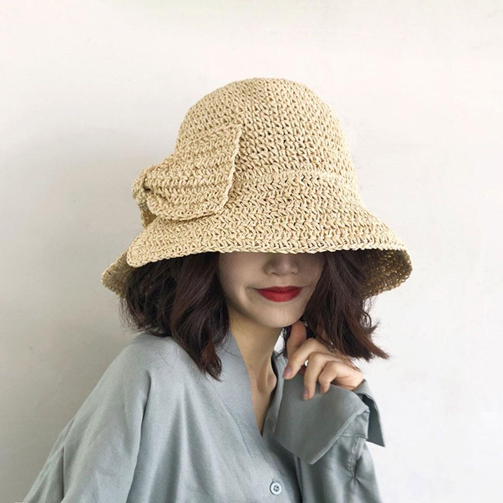 Straw Hat Women's Spring and Summer New Hand Hook Bow Rear Split Hat Solid Color Foldable Vacation Visor