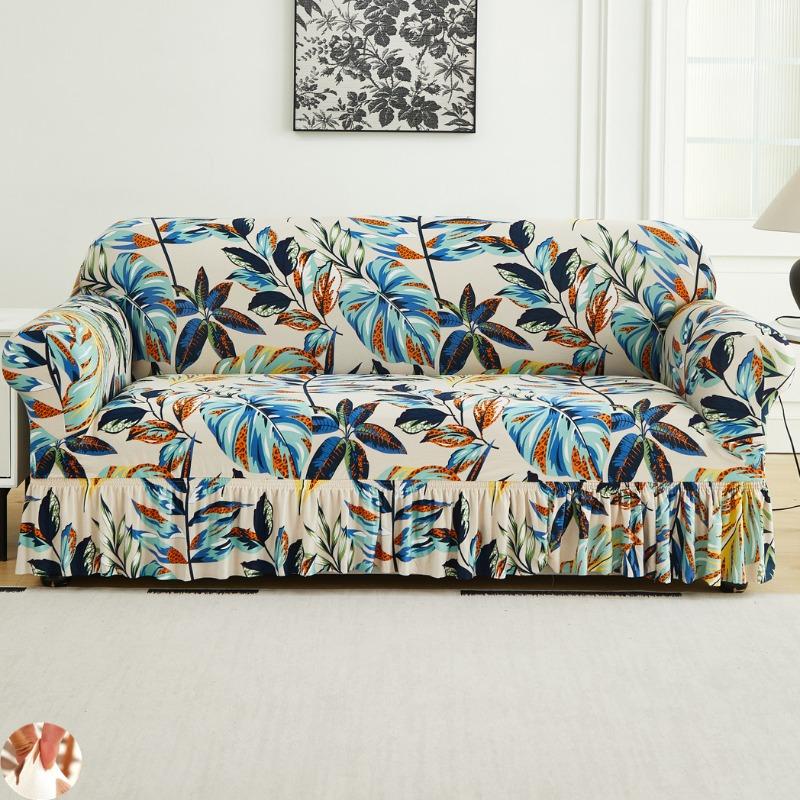 High Elastic Stretchable Easy Fit Universal Furniture Protector Printed Sofa Slipcover Couch Cover with Skirt Durable Washable