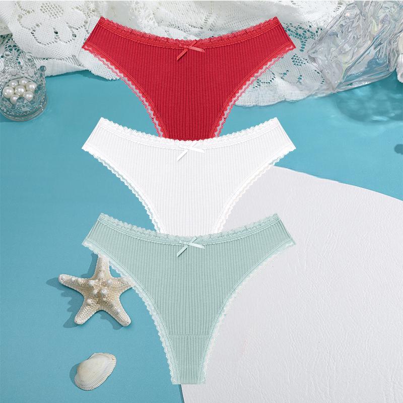 FINETOO 3PCS/Set Women Cotton Panties 5 Solid Color Low Waist Threaded G-string Lingerie Fashion Sexy thongBreathable Underpants