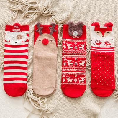 4 Pairs of Women's Autumn and Winter Cartoon Christmas Three Dimensional Straight Plate Tube Big Red Socks
