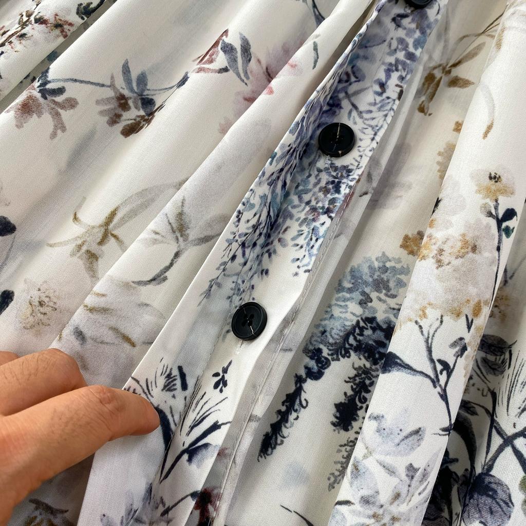 Sommer Damen Casual Kurzarm Umlegekragen Einreiher Lang Midi Print Partykleider mit Gürtel