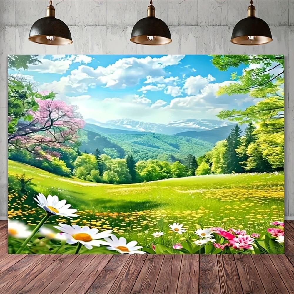 2D plane, 1pc large spring meadow flower background with lush green hills, wildflowers and daisies - Easter