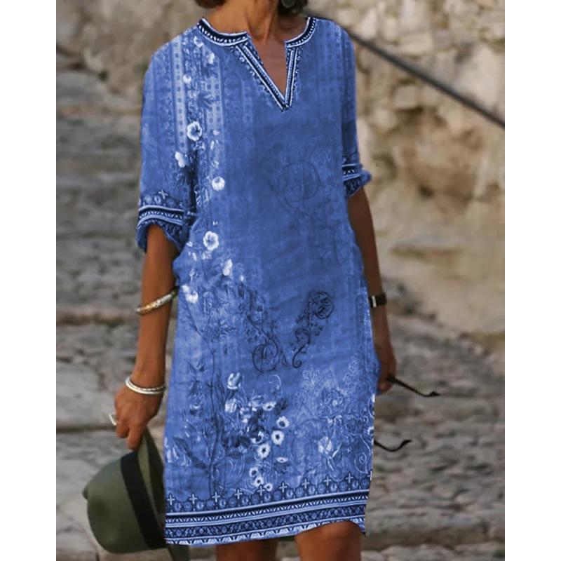 Women's V Neck Half Sleeve A-Line Midi Dress Casual Floral Print Bohemian Summer Dress