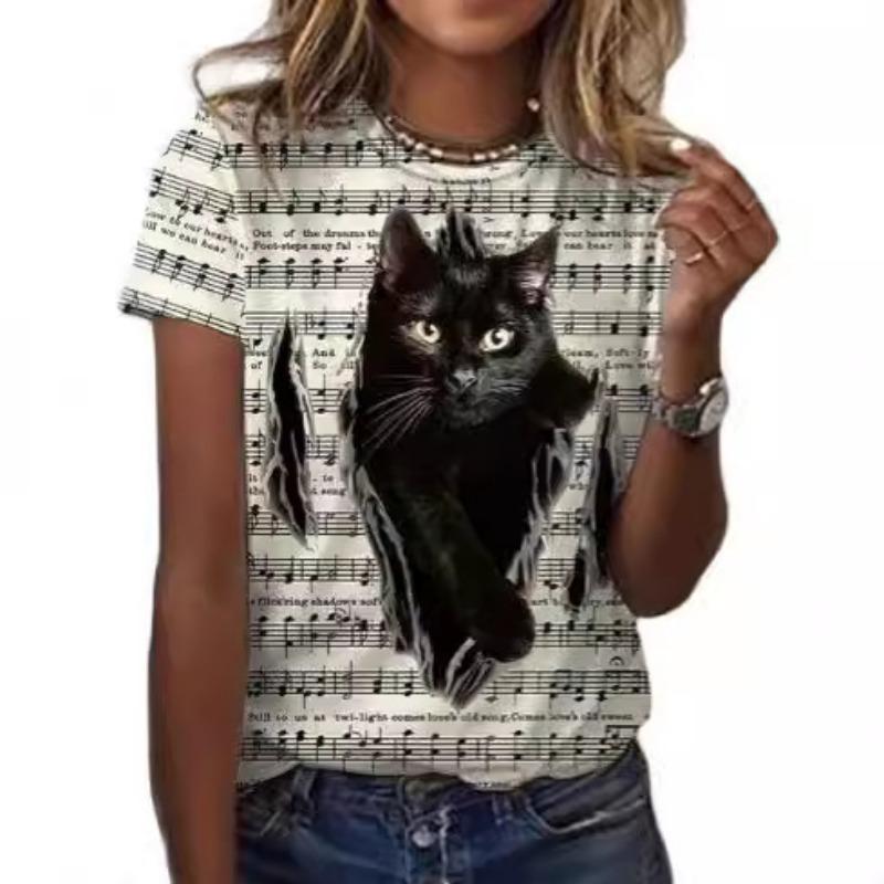 Zomer Dames T-shirt met Korte Mouwen Schattige Kat 3D Geprint Losse Casual Ronde Hals Dameskleding T-shirts Dames
