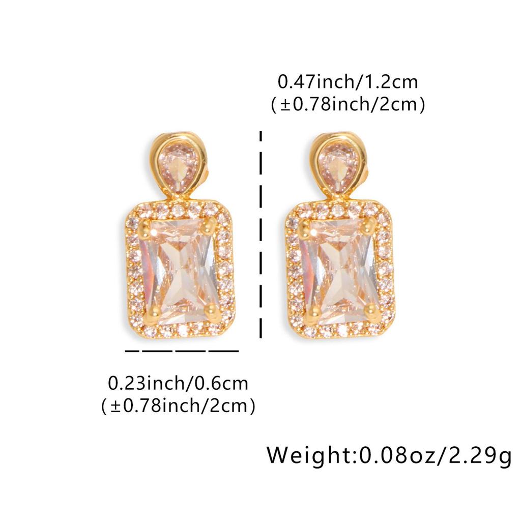 LNCHRAN Copper Cubic Zirconia Paved Rectangular Pendant Stud Earrings for Women - Elegant Golden Design