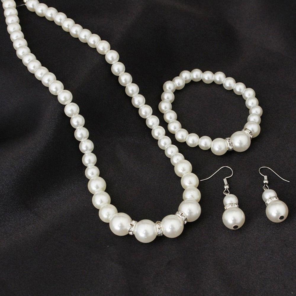 Shiny Earrings Necklace Bracelet Set Simulated Pearl Bridal Jewelry Accessories  Banquet
