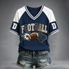 Women's V-Neck Short Sleeve T-Shirt with Football Graphic Print and Raglan Sleeves, Casual Summer Top