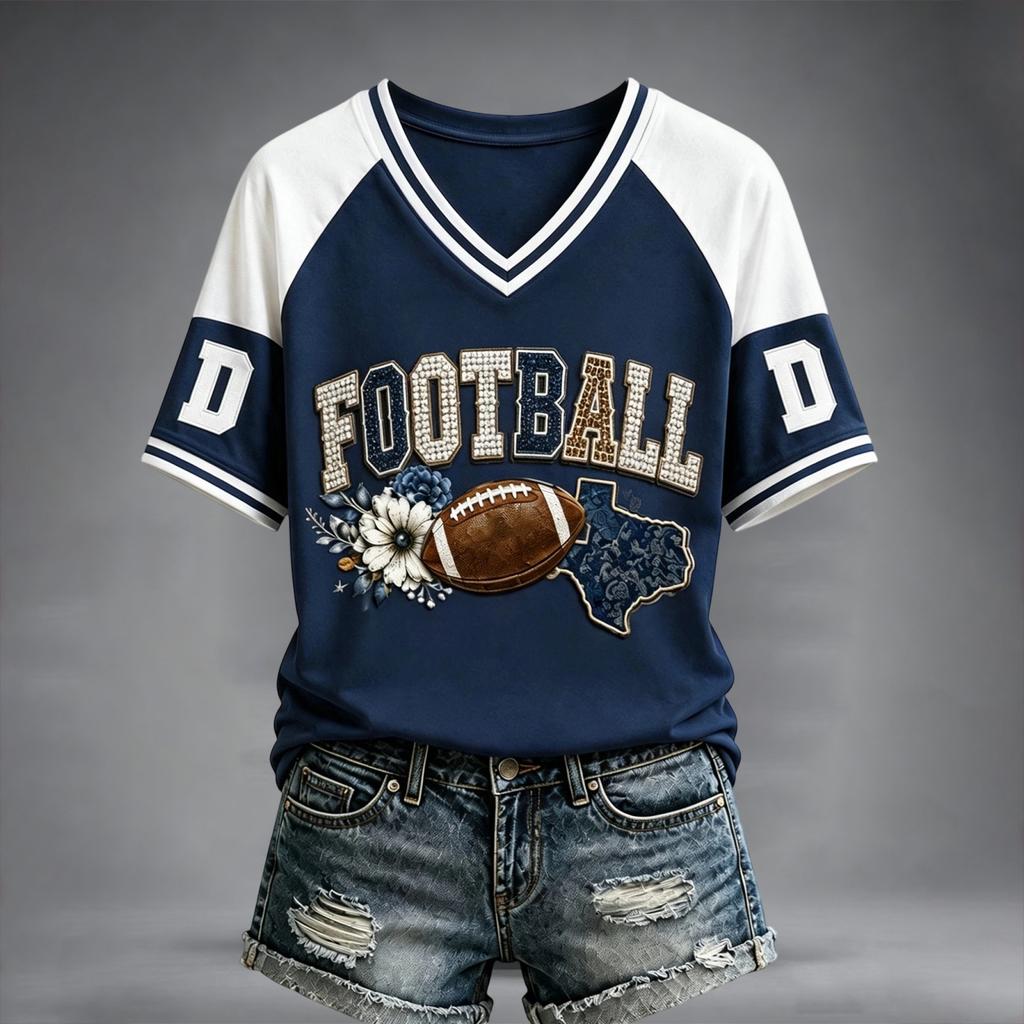 Women's V-Neck Short Sleeve T-Shirt with Football Graphic Print and Raglan Sleeves, Casual Summer Top