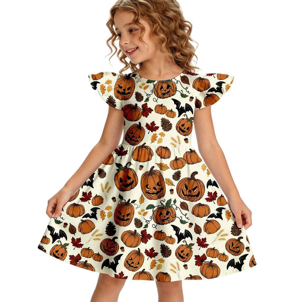 Girls Halloween Casual Dress Ruffle Sleeve Round Neck Patchwork Pattern Knee Length Dress for Kids