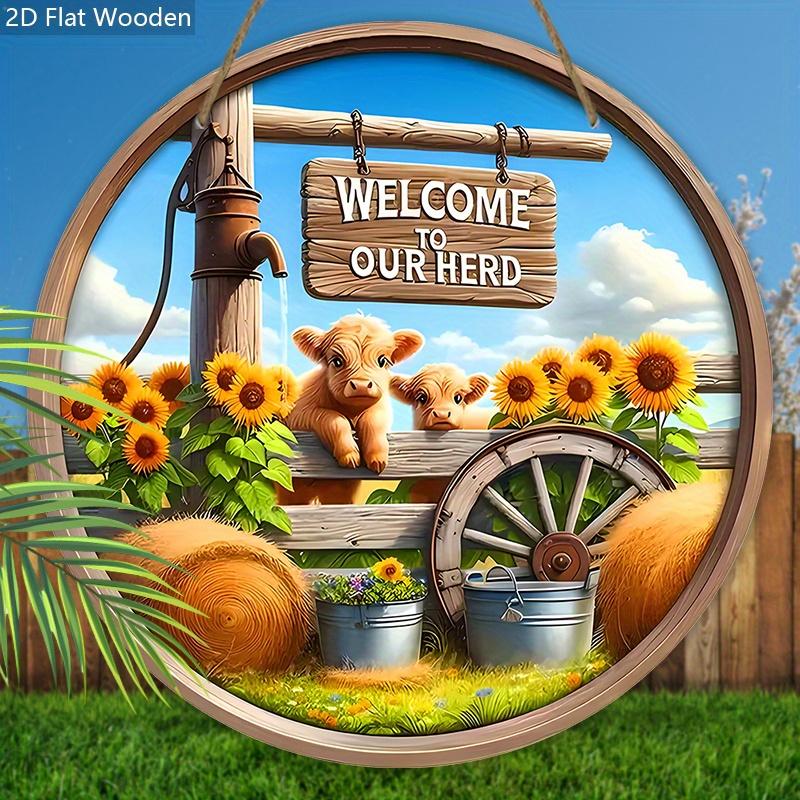 Wooden Welcome Sign with Highland Cattle & Sunflowers Design - Rustic Decorative Plaque for Farmhouse, Front Door Decor - Ideal gift for Family