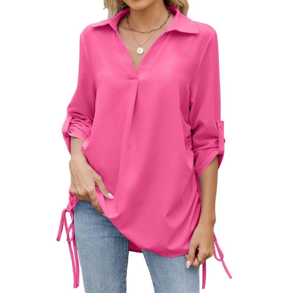 Spring Summer New Women's Solid Color Lapid Loose 3/4 Sleeve Chiffon Shirt Blouse Casual Top for Cross-border