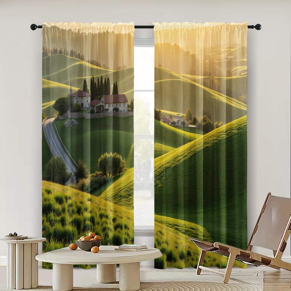 

2 шт., Штора Луг Холм Дом Универсальный 100% Полиэстер, Без электричества летние украшения для вечеринки Применяется к Карнавалу 29x65in(75x166cm)